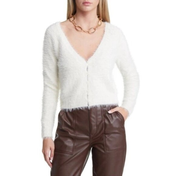 Open Edit Ivory Eyelash Fluffy Knit Cropped Cardigan - Picture 1 of 6